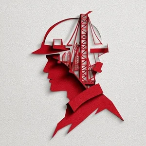 Logo Hilman: siluet insinyur berhelm dengan menara konstruksi, bergaya potongan kertas merah